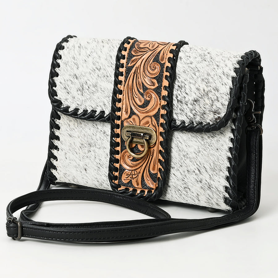 American Darling Western Leather Small Cross Body Bag with Hair-On Cowhide and Tooled Panel - Uhorse