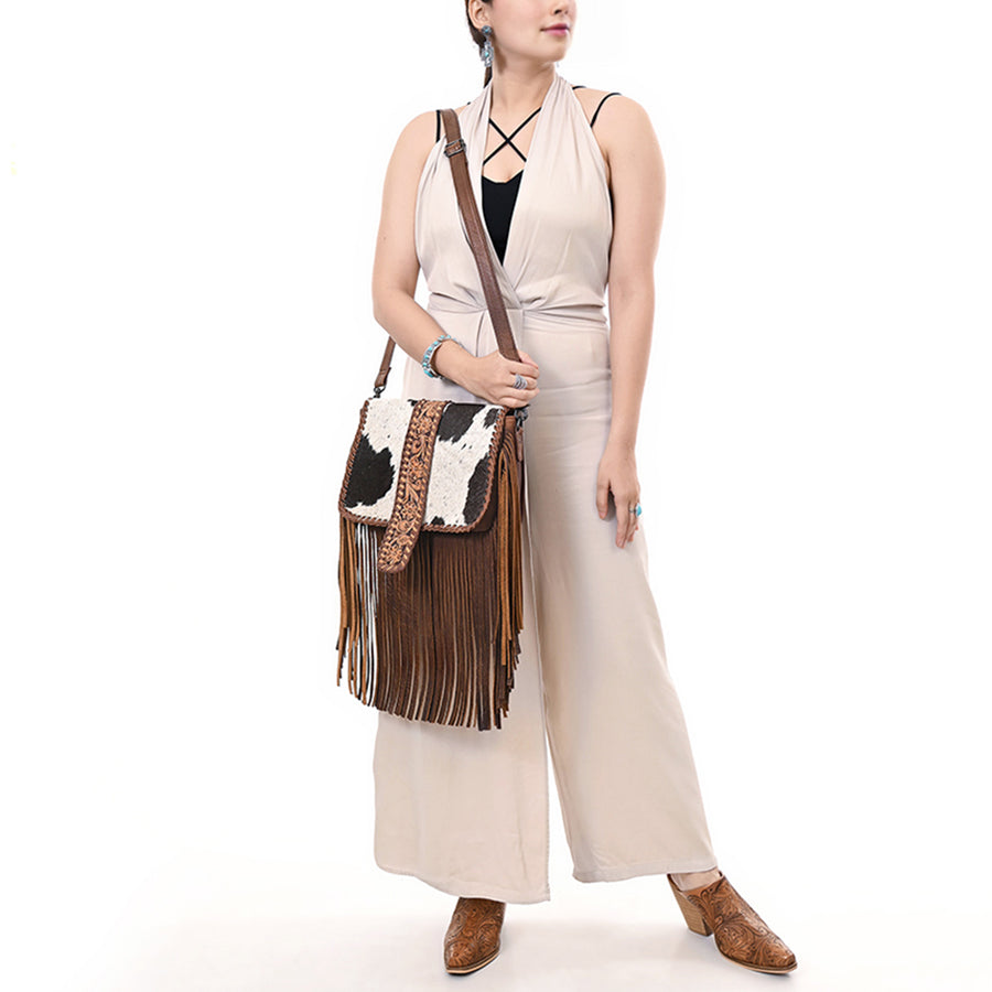 Western Leather Cross Body Bag with Hair-On Cowhide Hand-Tooled Floral Panel Buckstitched Full Grain Leather Fringe by American Darling