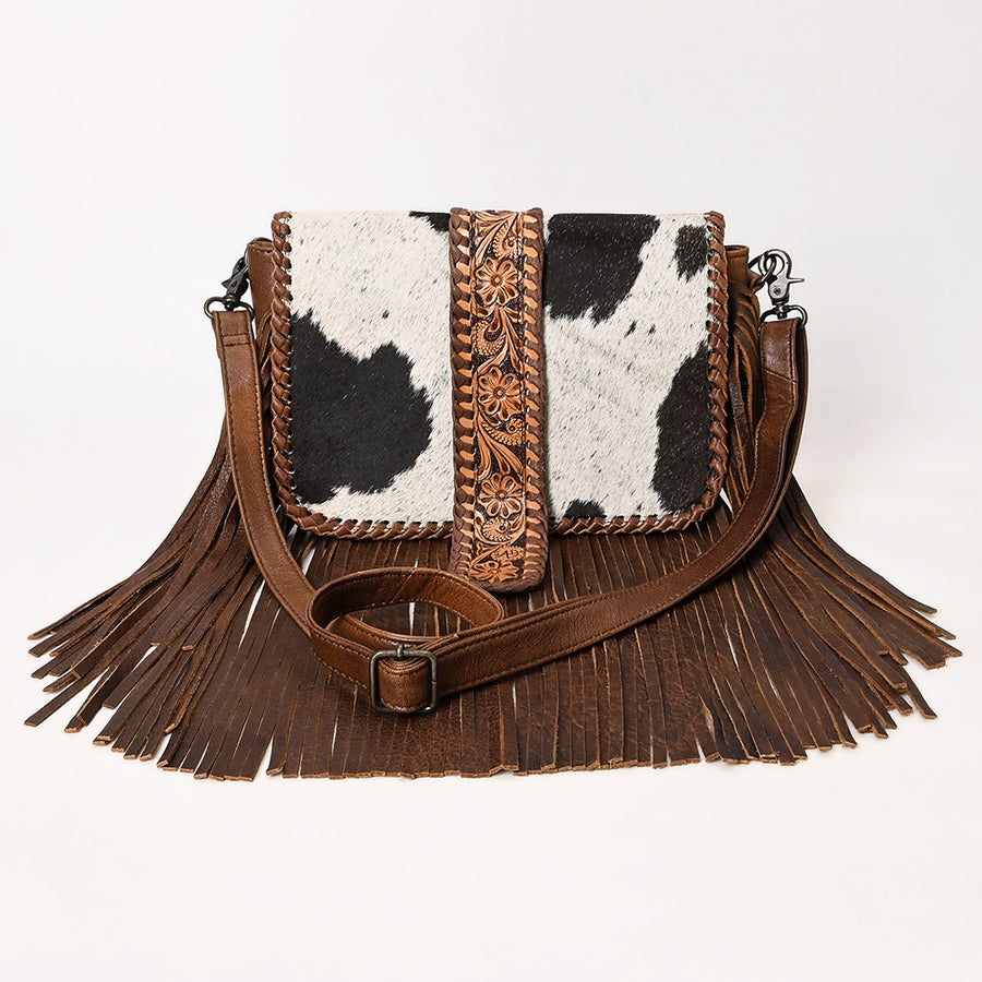 Western Leather Cross Body Bag with Hair-On Cowhide Hand-Tooled Floral Panel Buckstitched Full Grain Leather Fringe by American Darling