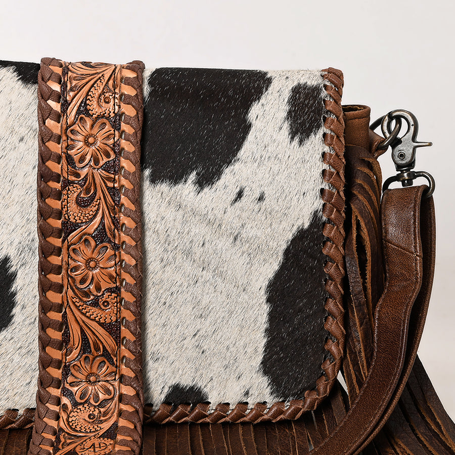 Western Leather Cross Body Bag with Hair-On Cowhide Hand-Tooled Floral Panel Buckstitched Full Grain Leather Fringe by American Darling