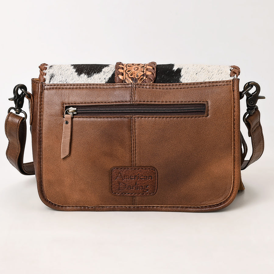 Western Leather Cross Body Bag with Hair-On Cowhide Hand-Tooled Floral Panel Buckstitched Full Grain Leather Fringe by American Darling