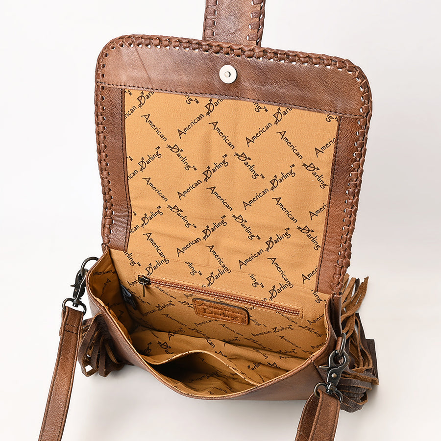 Western Leather Cross Body Bag with Hair-On Cowhide Hand-Tooled Floral Panel Buckstitched Full Grain Leather Fringe by American Darling