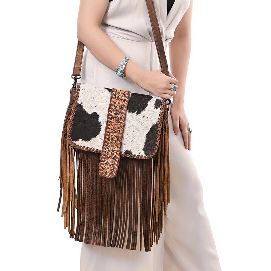 Western Leather Cross Body Bag with Hair-On Cowhide Hand-Tooled Floral Panel Buckstitched Full Grain Leather Fringe by American Darling