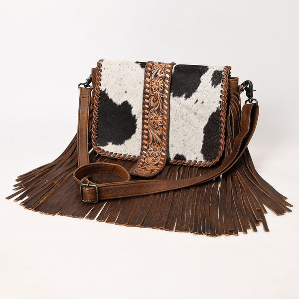 American Darling Western Leather Cross Body Bag with Hair-On Cowhide and Tooled Panel Fringe - Uhorse