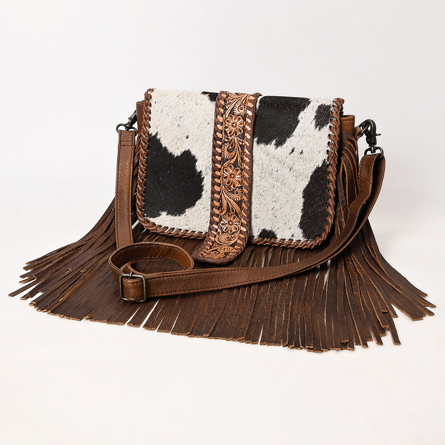 American Darling Western Leather Cross Body Bag with Hair-On Cowhide and Tooled Panel Fringe - Uhorse