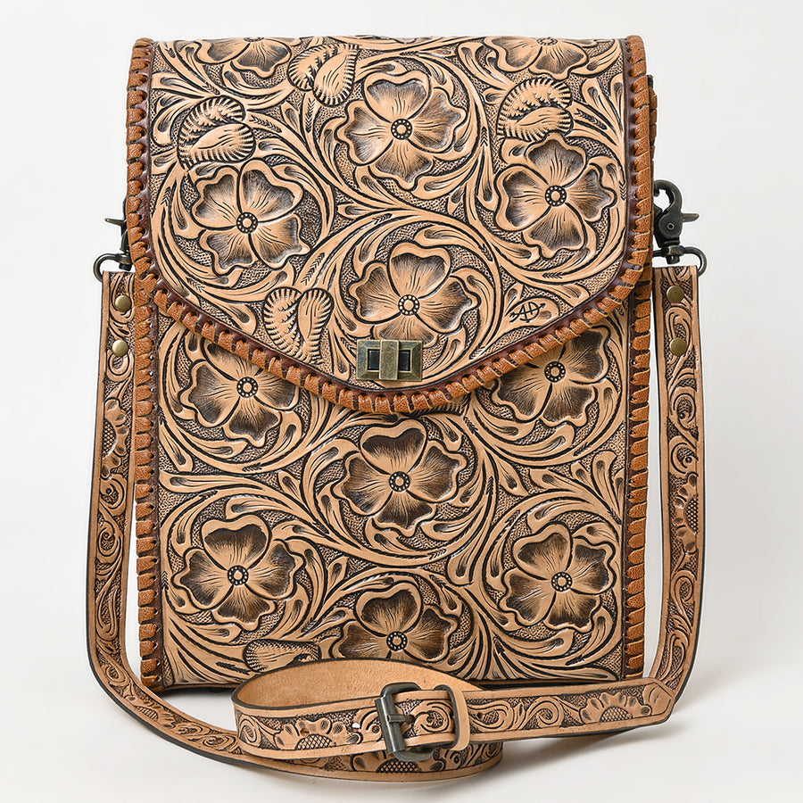 Western Leather Small Cross Body Bag with Hand-Tooled Floral Carved Panel Braided Full Grain Leather by American Darling