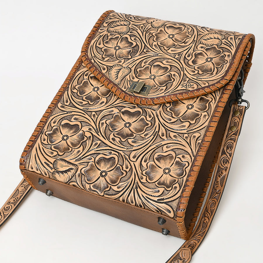 Western Leather Small Cross Body Bag with Hand-Tooled Floral Carved Panel Braided Full Grain Leather by American Darling
