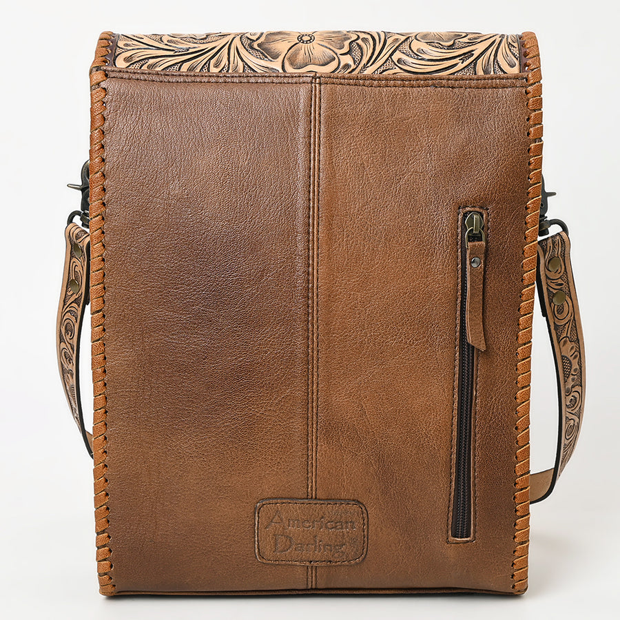 Western Leather Small Cross Body Bag with Hand-Tooled Floral Carved Panel Braided Full Grain Leather by American Darling
