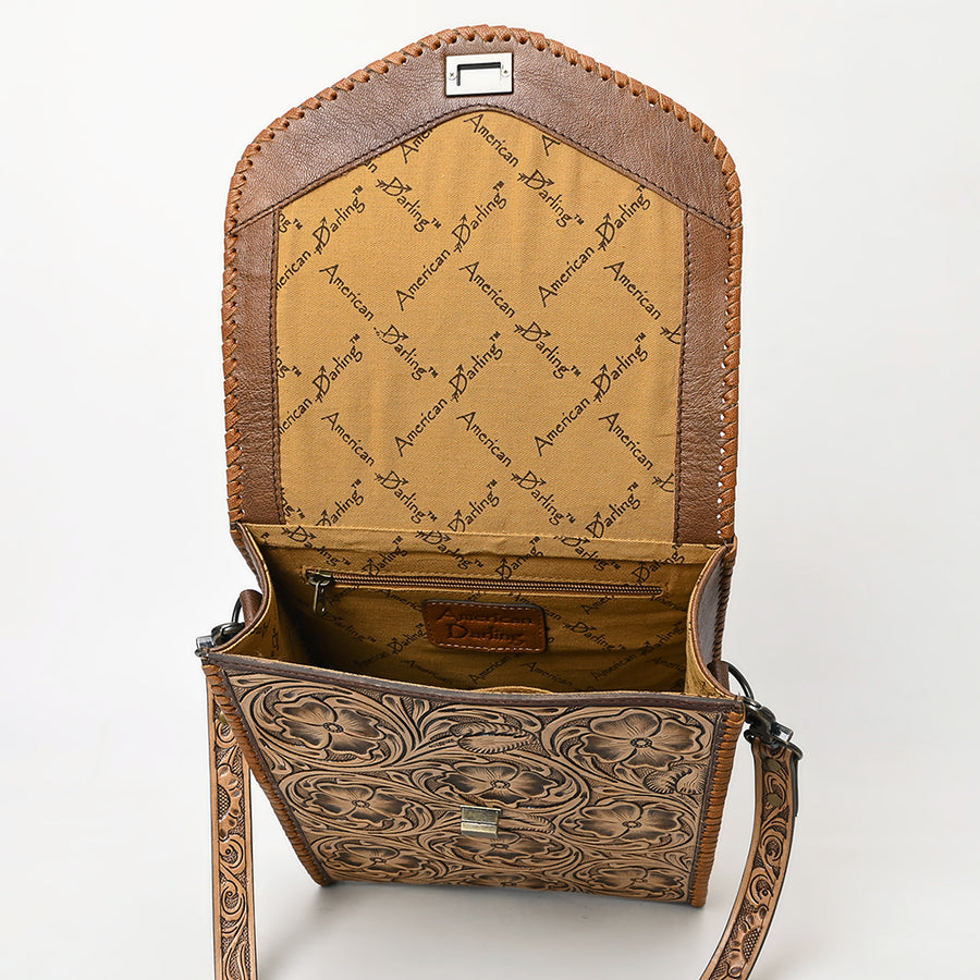 Western Leather Small Cross Body Bag with Hand-Tooled Floral Carved Panel Braided Full Grain Leather by American Darling