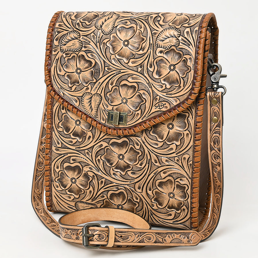 American Darling Western Leather Small Cross Body Bag with Hand-Tooled Floral Carving - Uhorse