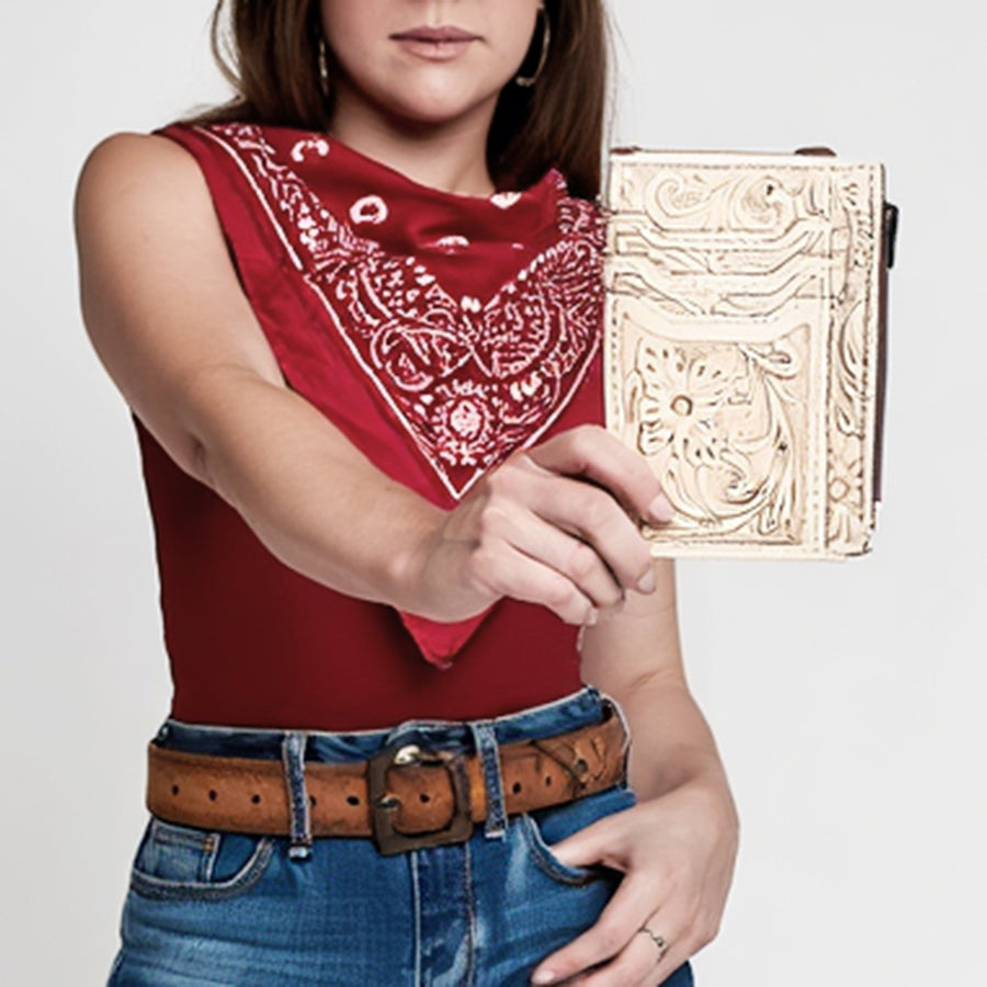 Western Leather Card Holder Bag with Hand-Tooled Floral Carved Full Grain Vegetable-Tanned Leather by American Darling
