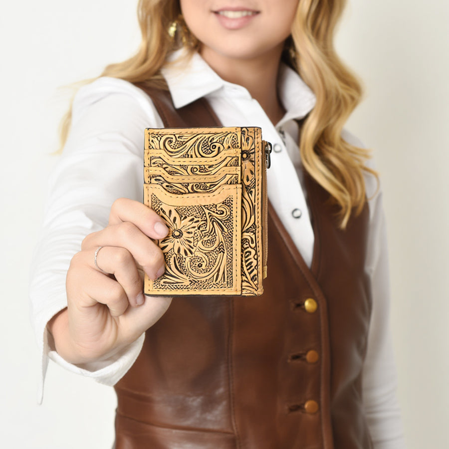 Western Leather Card Holder Bag with Hand-Tooled Floral Carved Full Grain Vegetable-Tanned Leather by American Darling