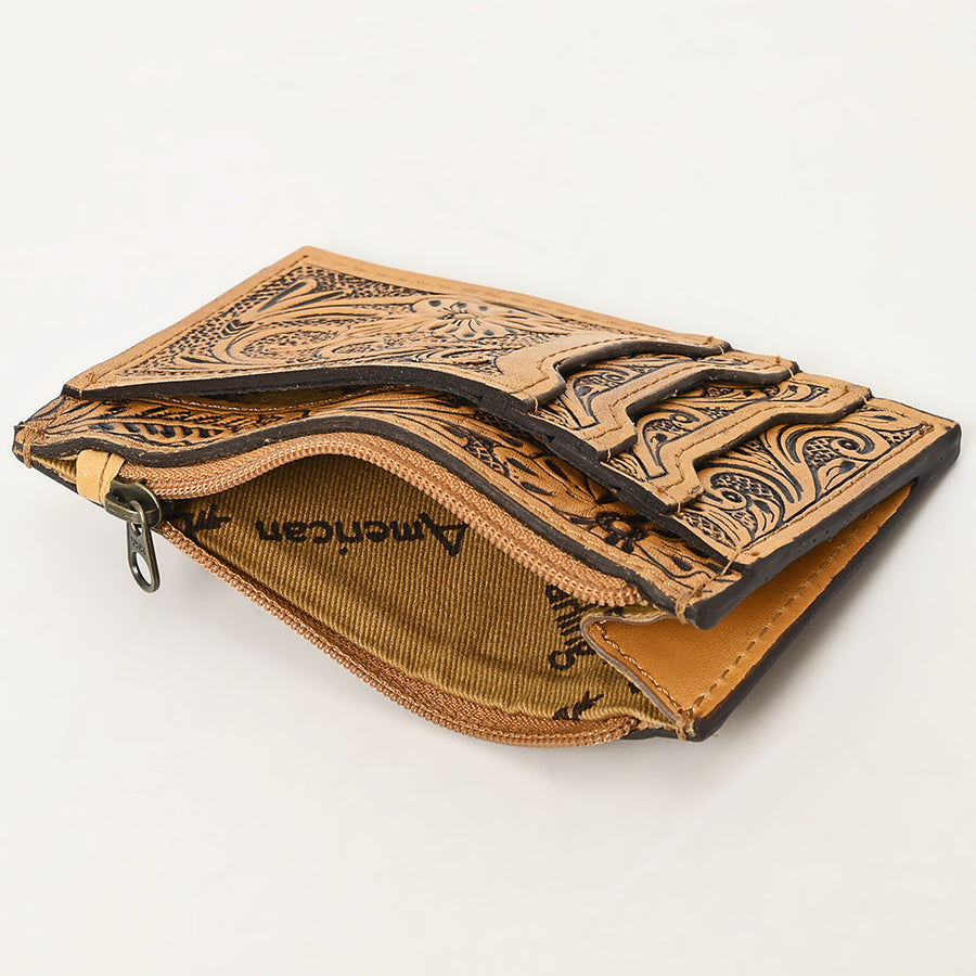 Western Leather Card Holder Bag with Hand-Tooled Floral Carved Full Grain Vegetable-Tanned Leather by American Darling
