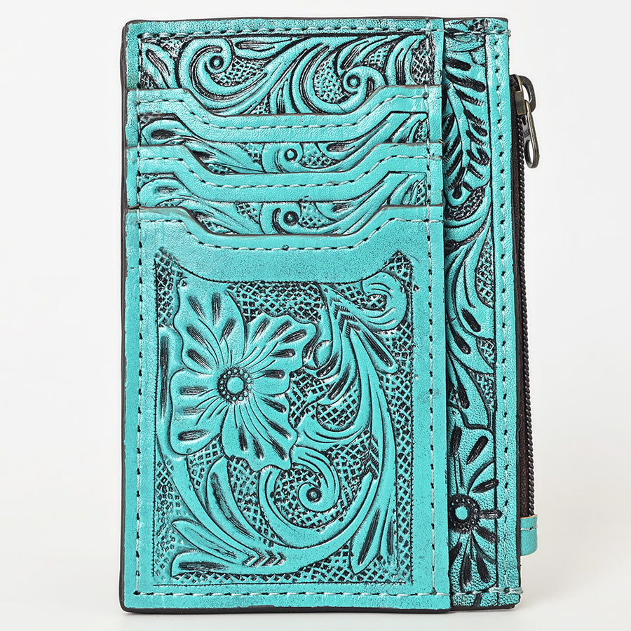 Western Leather Card Holder Bag with Hand-Tooled Floral Carved Full Grain Vegetable-Tanned Leather by American Darling