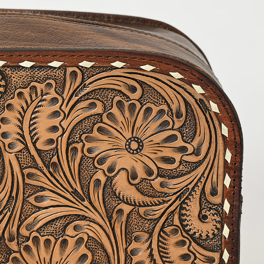 American Darling Hand-Tooled Western Leather Toiletry Bag – Genuine Floral Carved Full-Grain Travel Case with Buck Stitch & Organized Interior