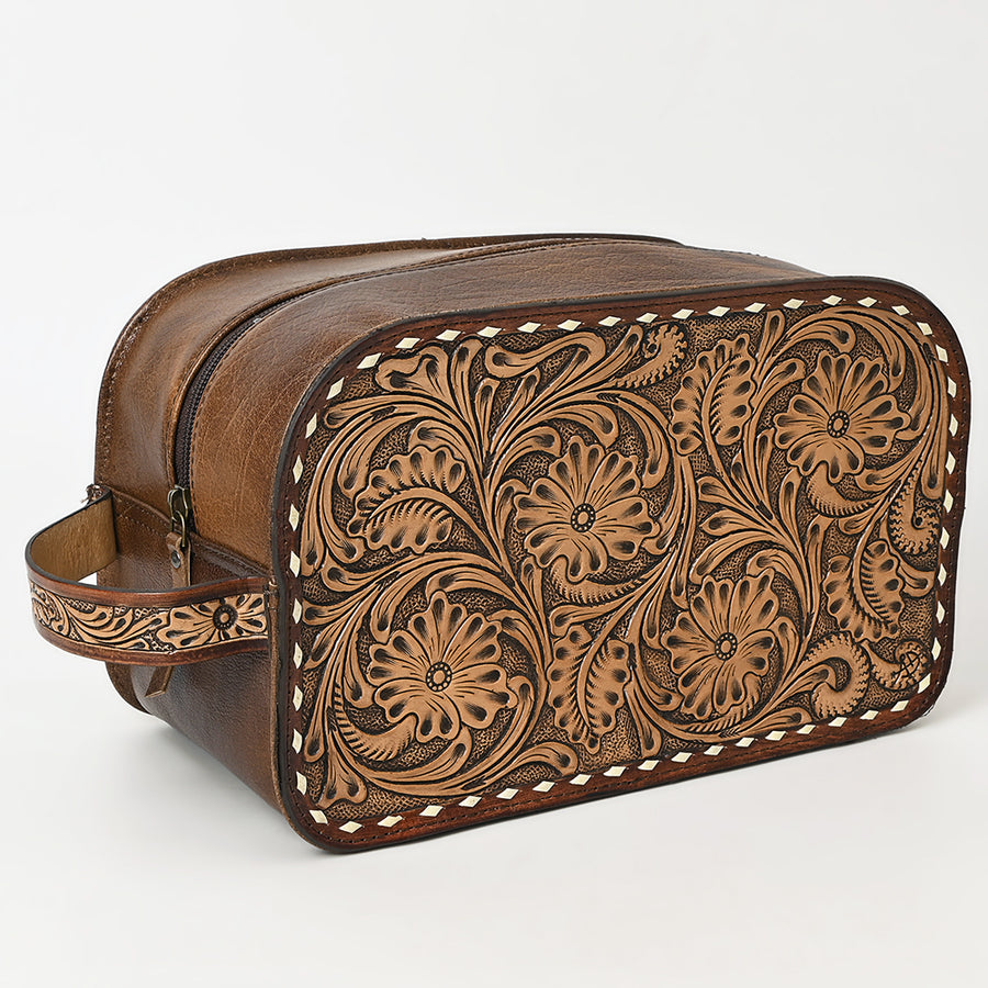 American Darling Hand-Tooled Western Leather Toiletry Bag – Genuine Floral Carved Full-Grain Travel Case with Buck Stitch & Organized Interior