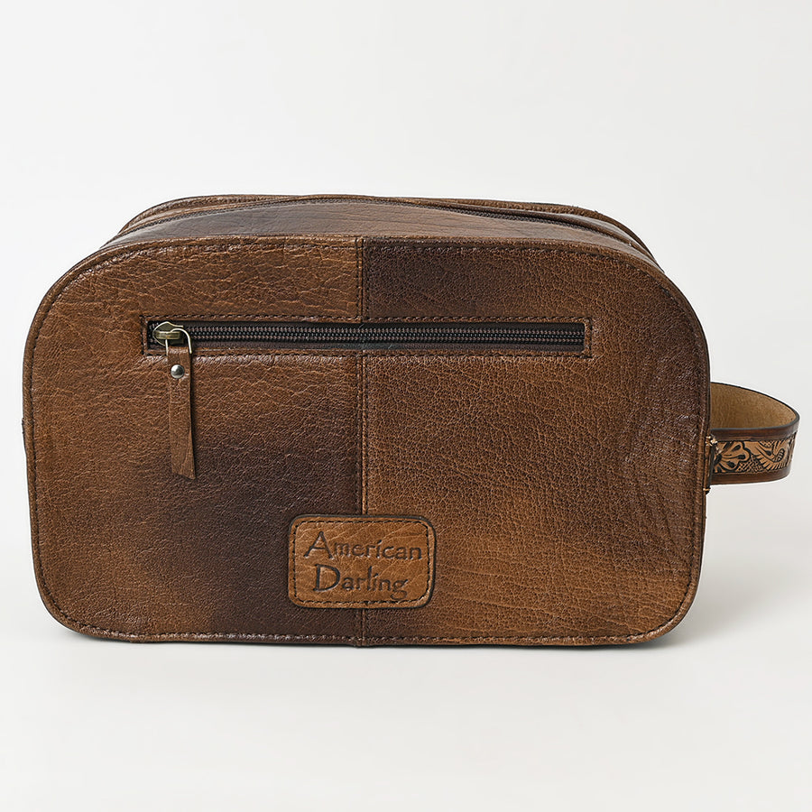 American Darling Hand-Tooled Western Leather Toiletry Bag – Genuine Floral Carved Full-Grain Travel Case with Buck Stitch & Organized Interior