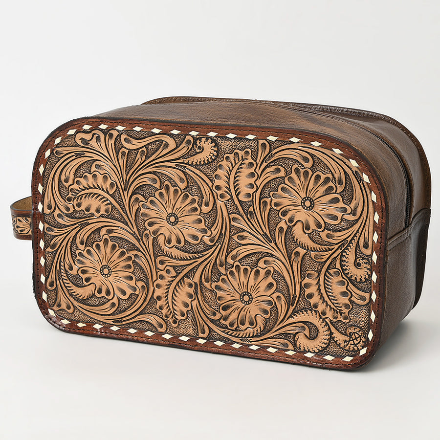 American Darling Hand-Tooled Western Leather Toiletry Bag - Genuine Floral Carved Travel Case - Uhorse