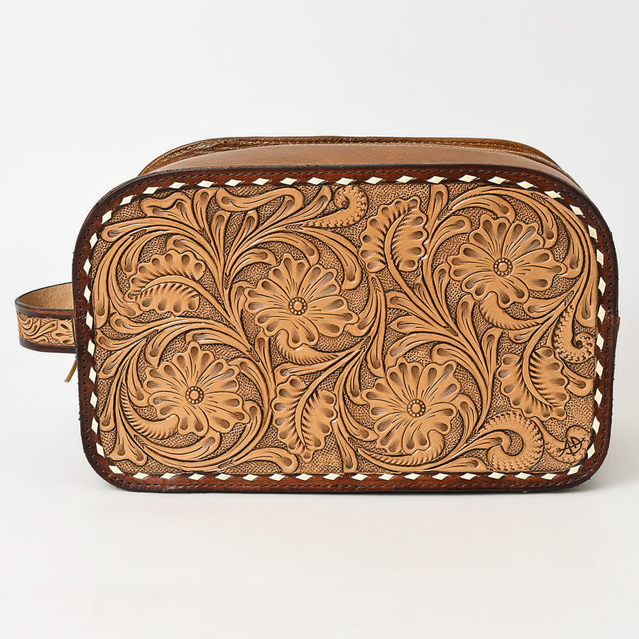 American Darling Hand-Tooled Western Leather Toiletry Bag – Genuine Floral Carved Full-Grain Travel Case with Buck Stitch & Organized Interior