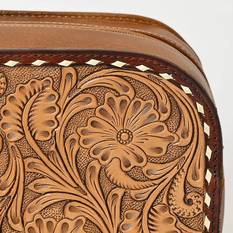 American Darling Hand-Tooled Western Leather Toiletry Bag – Genuine Floral Carved Full-Grain Travel Case with Buck Stitch & Organized Interior