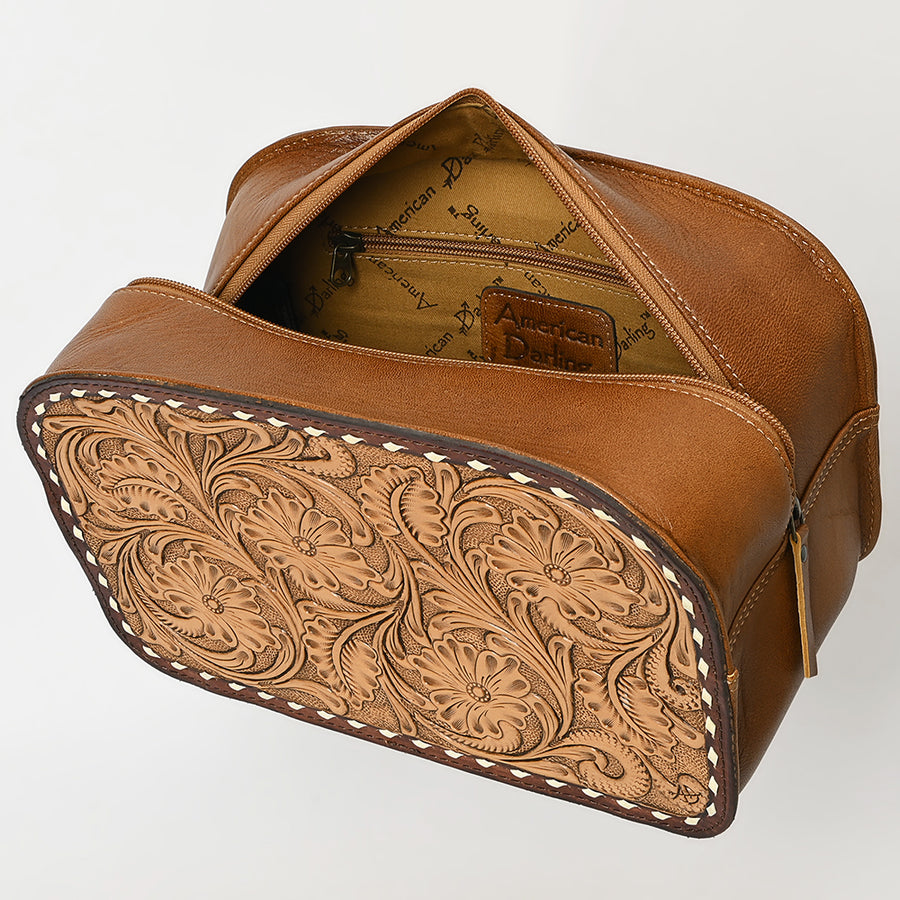 American Darling Hand-Tooled Western Leather Toiletry Bag – Genuine Floral Carved Full-Grain Travel Case with Buck Stitch & Organized Interior
