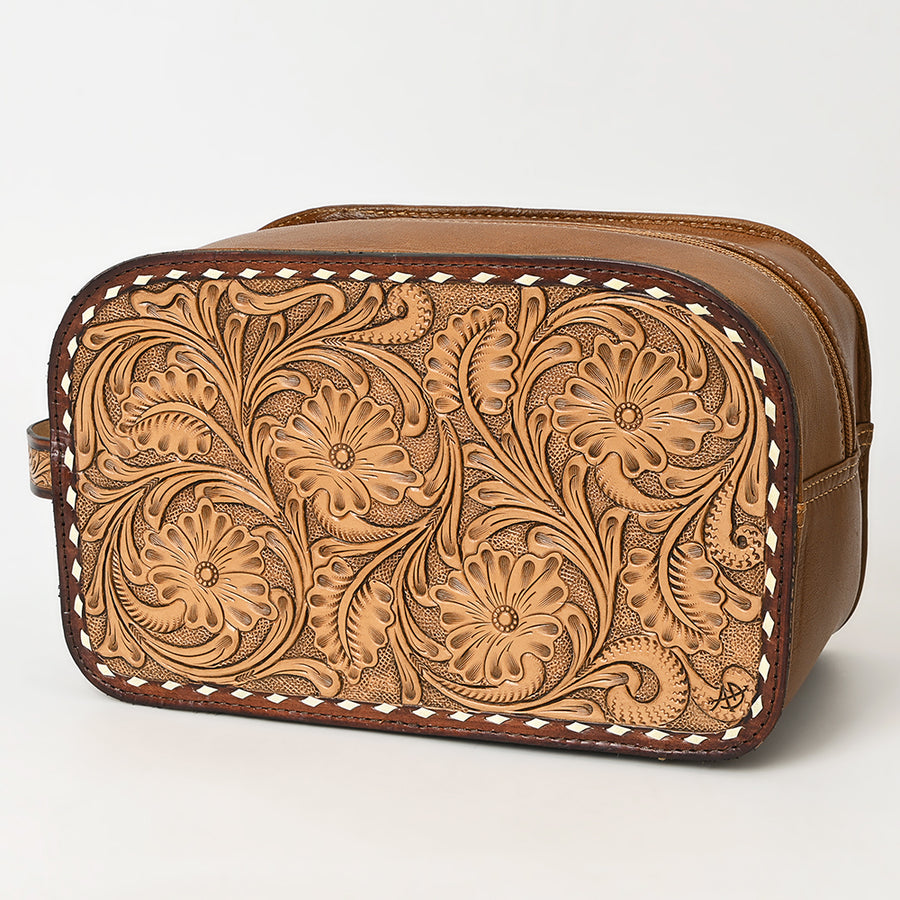 American Darling Hand-Tooled Western Leather Toiletry Bag - Genuine Floral Carved Travel Case - Uhorse