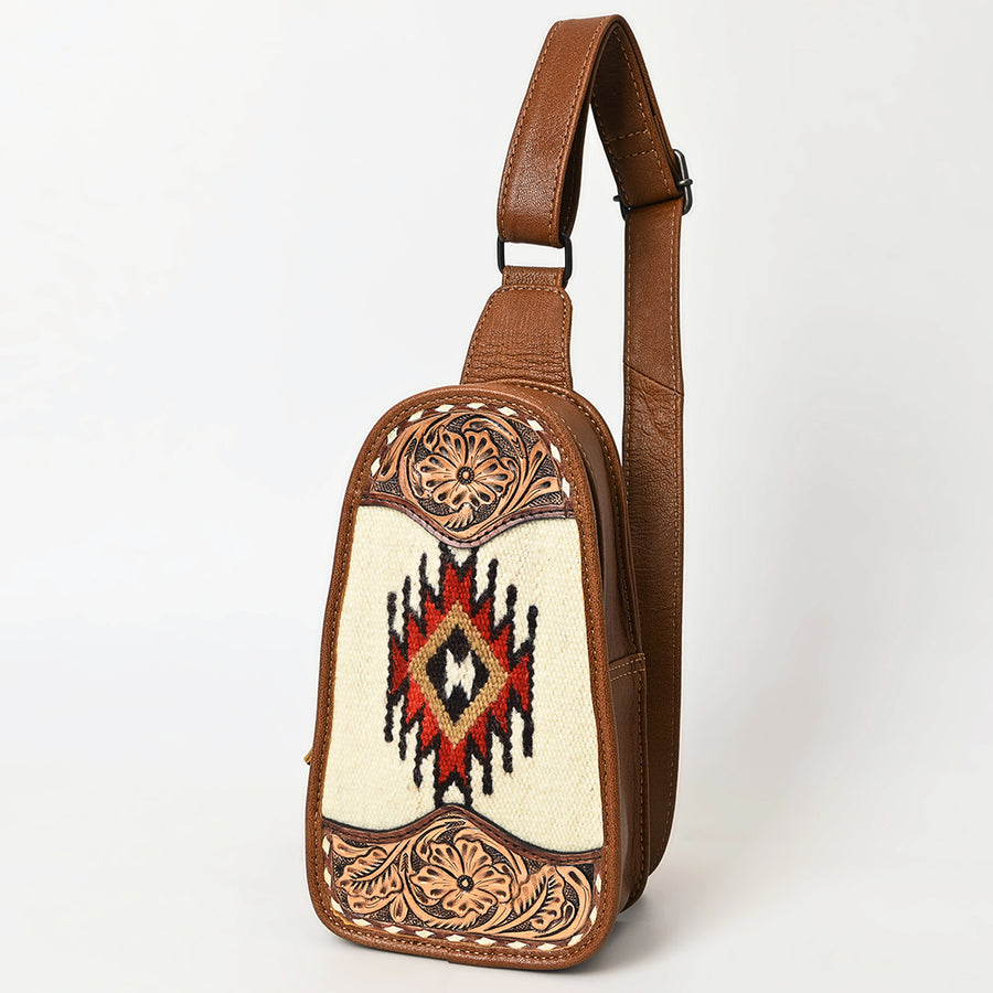 American Darling Western Leather Sling Bag with Hand-Tooled Floral and Saddle Blanket Panel - Uhorse