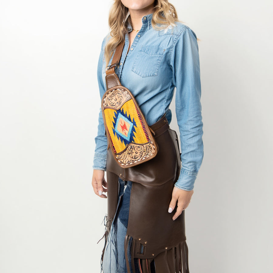 American Darling Western Leather Sling Bag with Hand-Tooled Floral Carving, Woven Saddle Blanket Panel, Adjustable Strap & Secure Storage