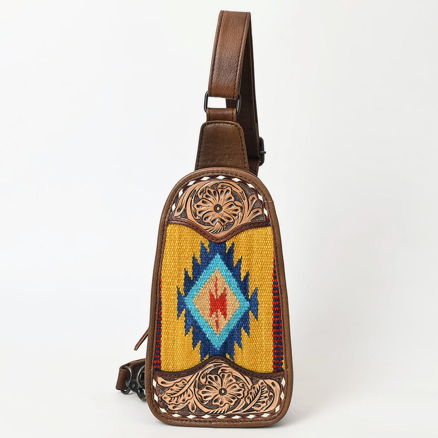 American Darling Western Leather Sling Bag with Hand-Tooled Floral Carving, Woven Saddle Blanket Panel, Adjustable Strap & Secure Storage