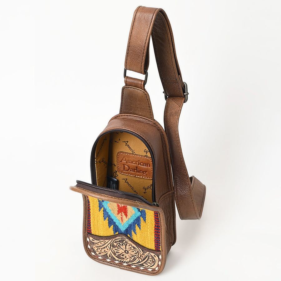American Darling Western Leather Sling Bag with Hand-Tooled Floral Carving, Woven Saddle Blanket Panel, Adjustable Strap & Secure Storage