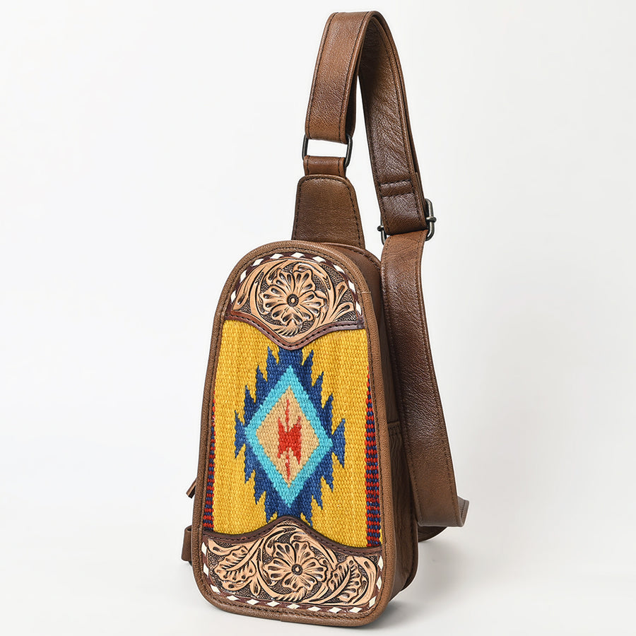 American Darling Western Leather Sling Bag with Hand-Tooled Floral and Saddle Blanket Panel - Uhorse