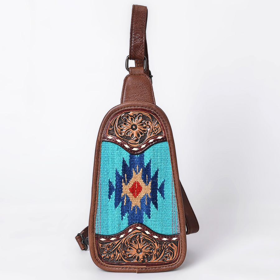 American Darling Western Leather Sling Bag with Hand-Tooled Floral Carving, Woven Saddle Blanket Panel, Adjustable Strap & Secure Storage