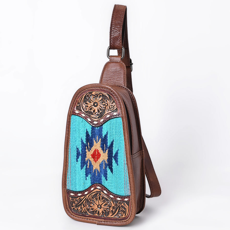American Darling Western Leather Sling Bag with Hand-Tooled Floral and Saddle Blanket Panel - Uhorse