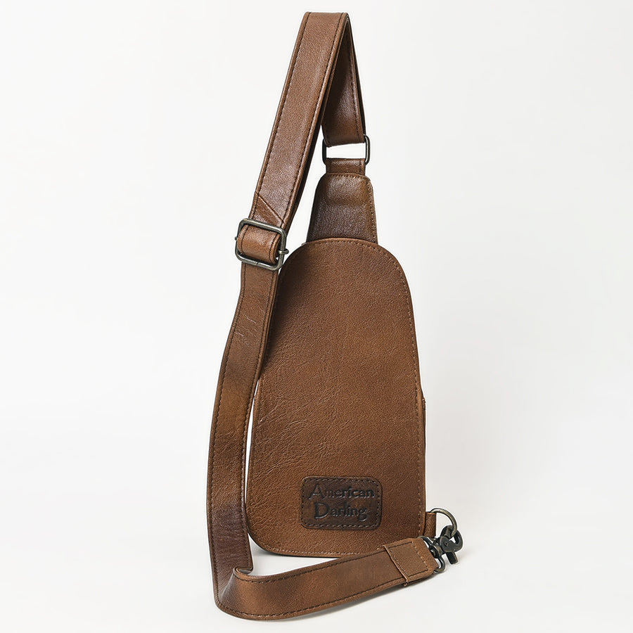 American Darling Western Leather Sling Bag with Hand-Tooled Floral Carving, Woven Saddle Blanket Panel, Adjustable Strap & Secure Storage