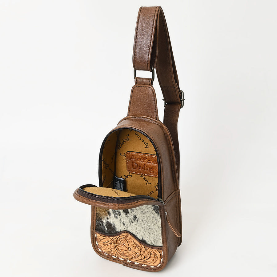 American Darling Western Leather Sling Bag with Hand-Tooled Floral Carving, Woven Saddle Blanket Panel, Adjustable Strap & Secure Storage