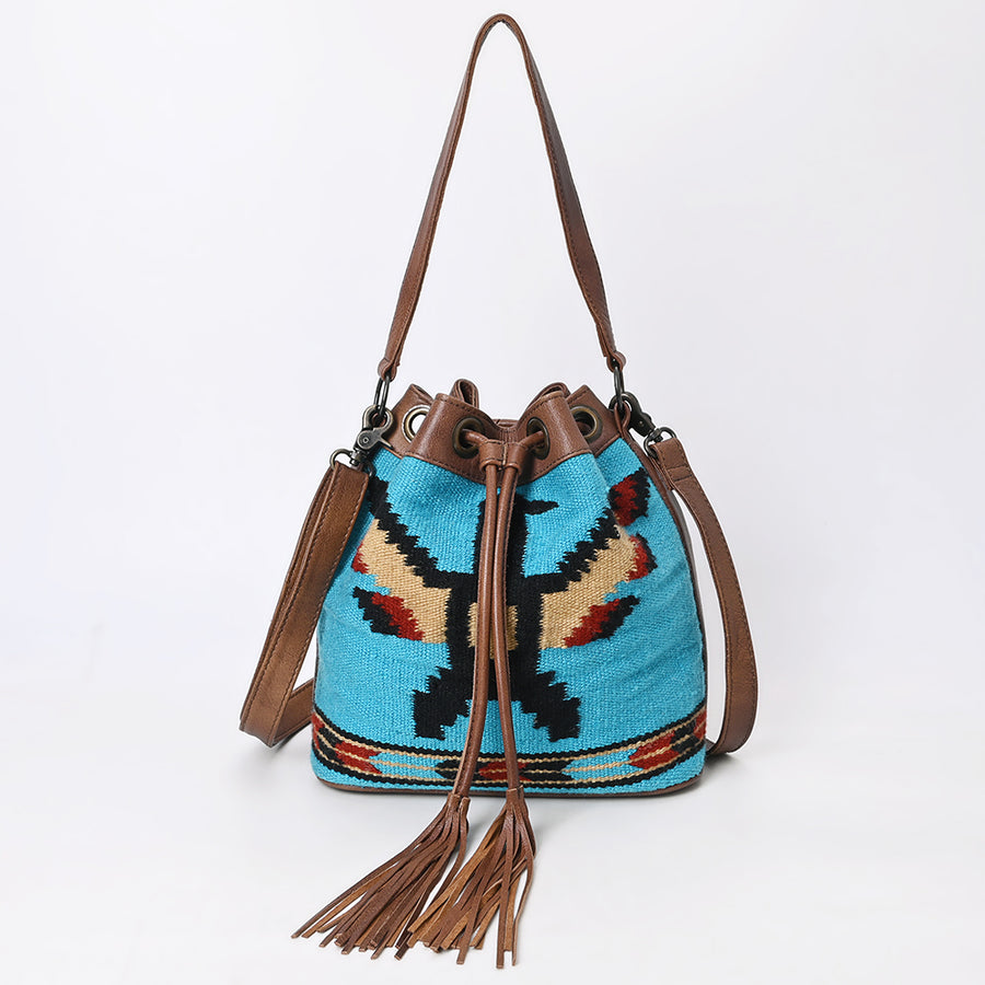 American Darling Western Leather Bucket Bag with Hand-Woven Saddle Blanket, Drawstring Closure, Tassel Detail, Adjustable Strap & Premium Craftsmanship