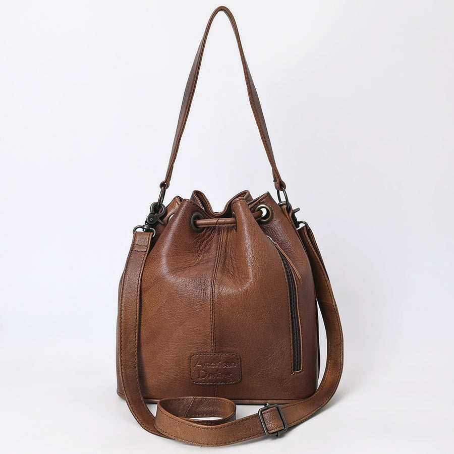 American Darling Western Leather Bucket Bag with Hand-Woven Saddle Blanket, Drawstring Closure, Tassel Detail, Adjustable Strap & Premium Craftsmanship