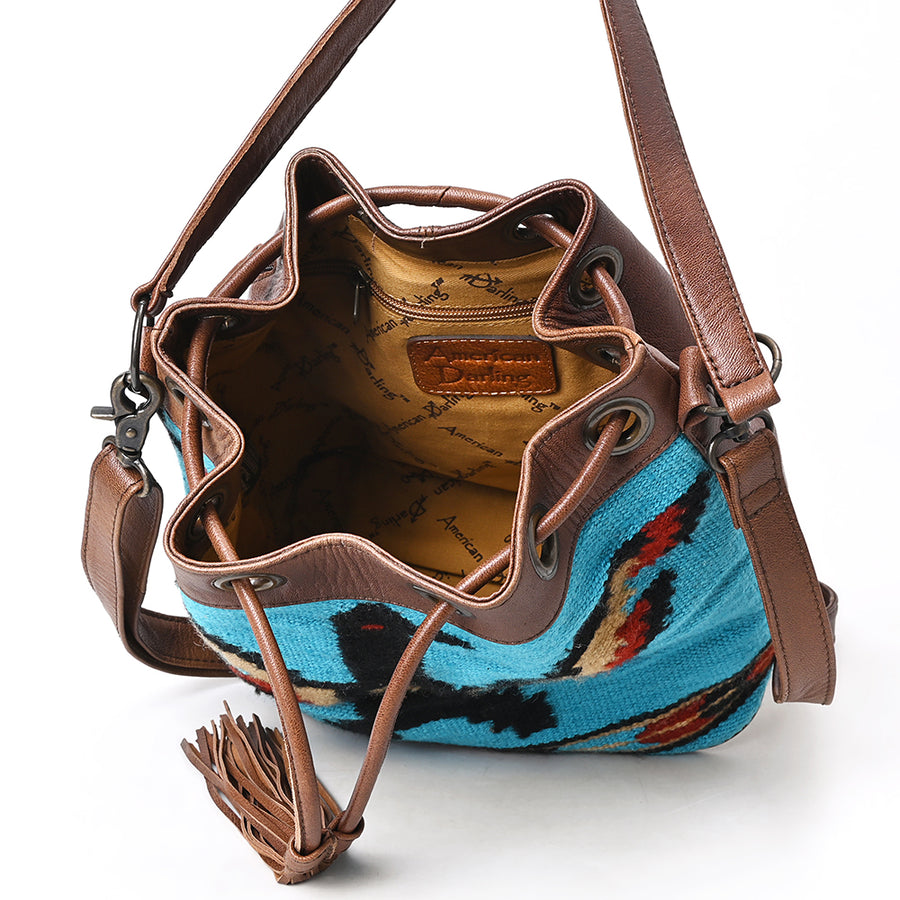 American Darling Western Leather Bucket Bag with Hand-Woven Saddle Blanket, Drawstring Closure, Tassel Detail, Adjustable Strap & Premium Craftsmanship