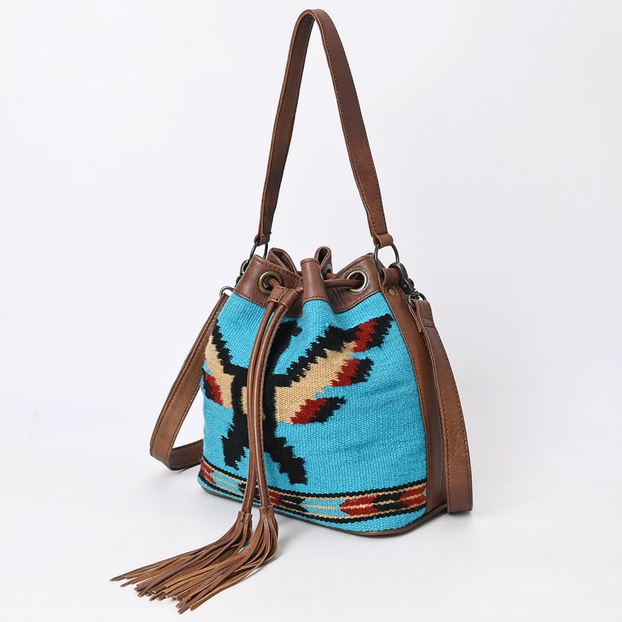 American Darling Western Leather Bucket Bag Saddle Blanket Weave and Tassel Detail - Uhorse