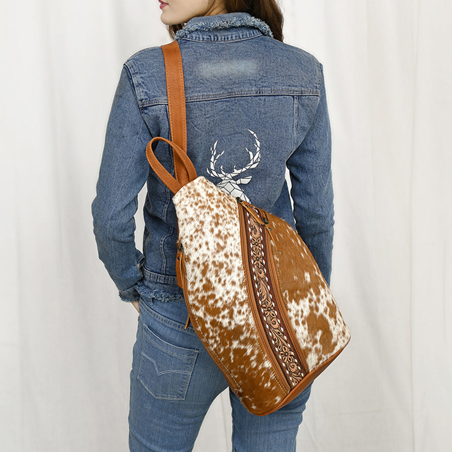 American Darling Western Leather Sling Bag with Hair-On Cowhide, Hand-Tooled Accents, Adjustable Strap, Spacious Interior & Premium Craftsmanship