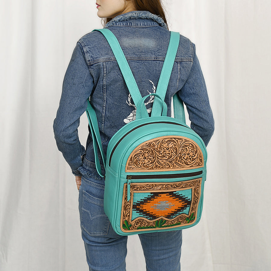 American Darling Western Leather Backpack Bag with Hand-Tooled Floral Details, Woven Saddle Blanket Front, Adjustable Strap, Spacious Interior & Premium Craftsmanship