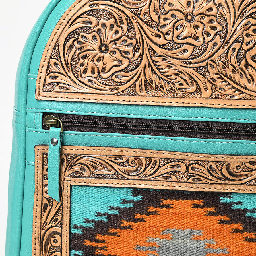 American Darling Western Leather Backpack Bag with Hand-Tooled Floral Details, Woven Saddle Blanket Front, Adjustable Strap, Spacious Interior & Premium Craftsmanship