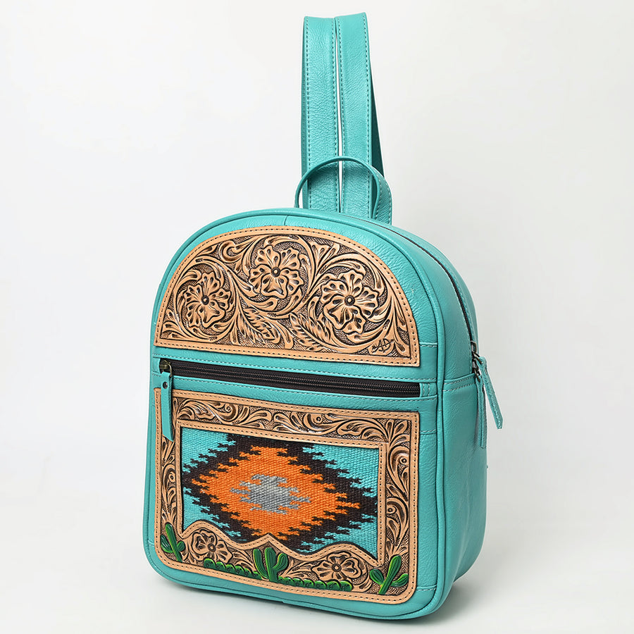 American Darling Western Leather Backpack Bag with Tooled Details and Woven Saddle Blanket - Uhorse