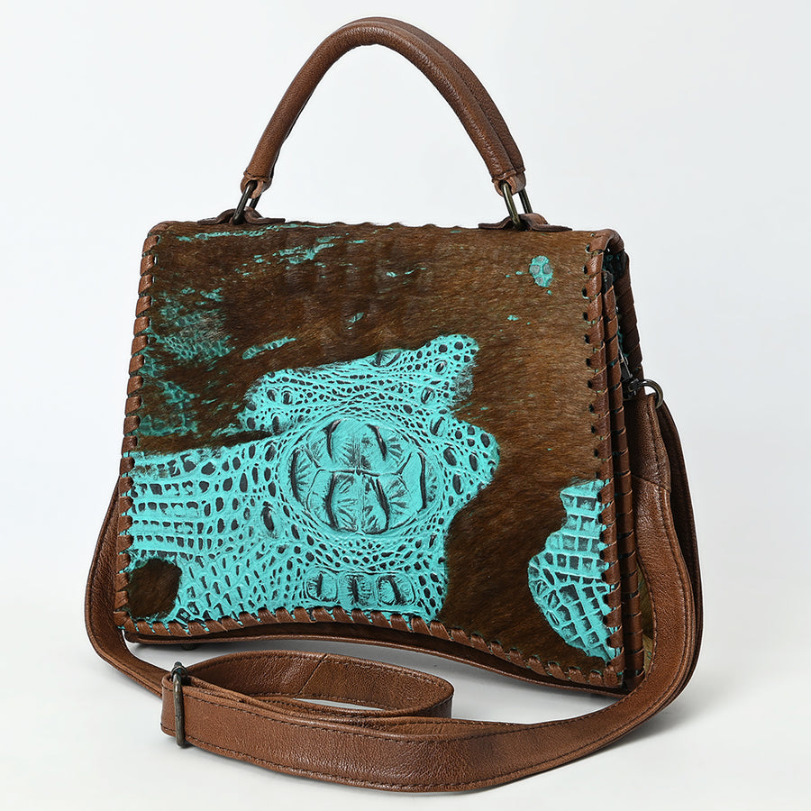American Darling Western Leather Messenger Bag with Hair-On Cowhide and Crocodile-Embossed Detailing - Uhorse