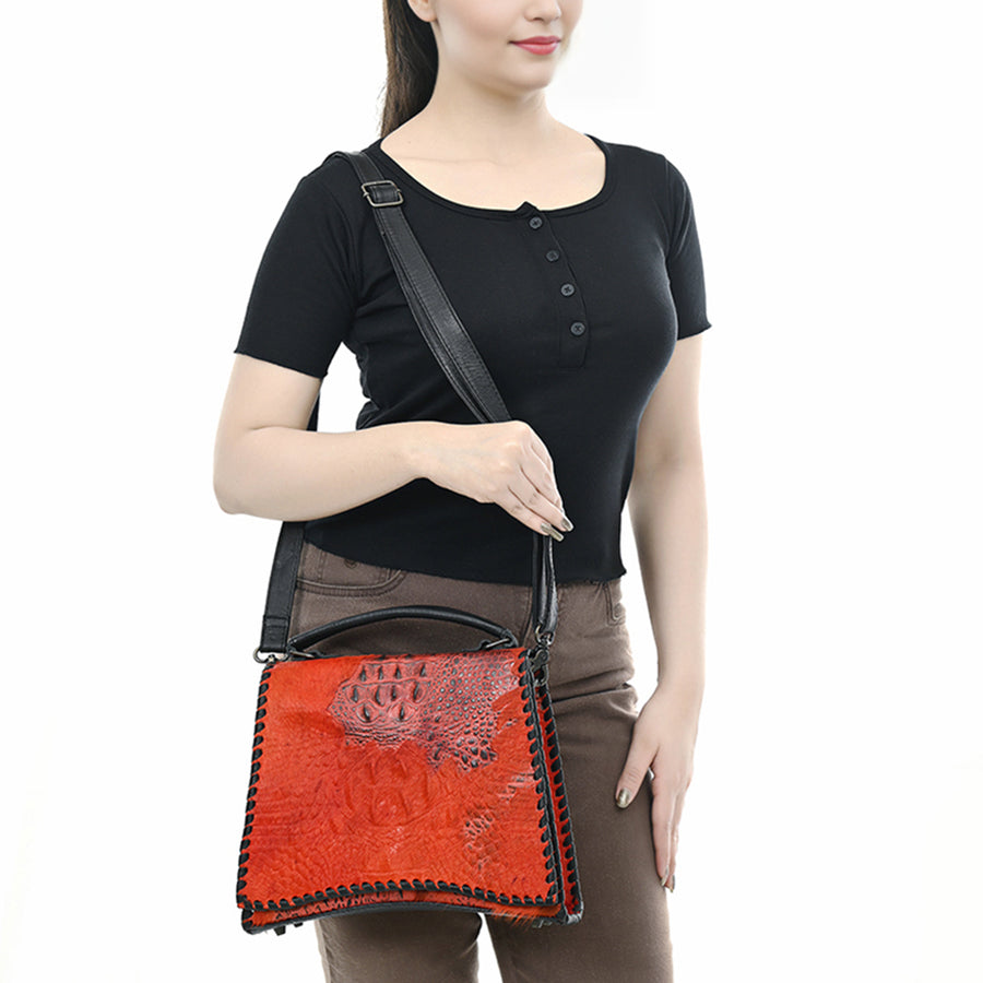 American Darling Western Leather Messenger Bag with Hair-On Cowhide, Crocodile-Embossed Leather Detail, Adjustable Strap, Structured Body & Premium Craftsmanship