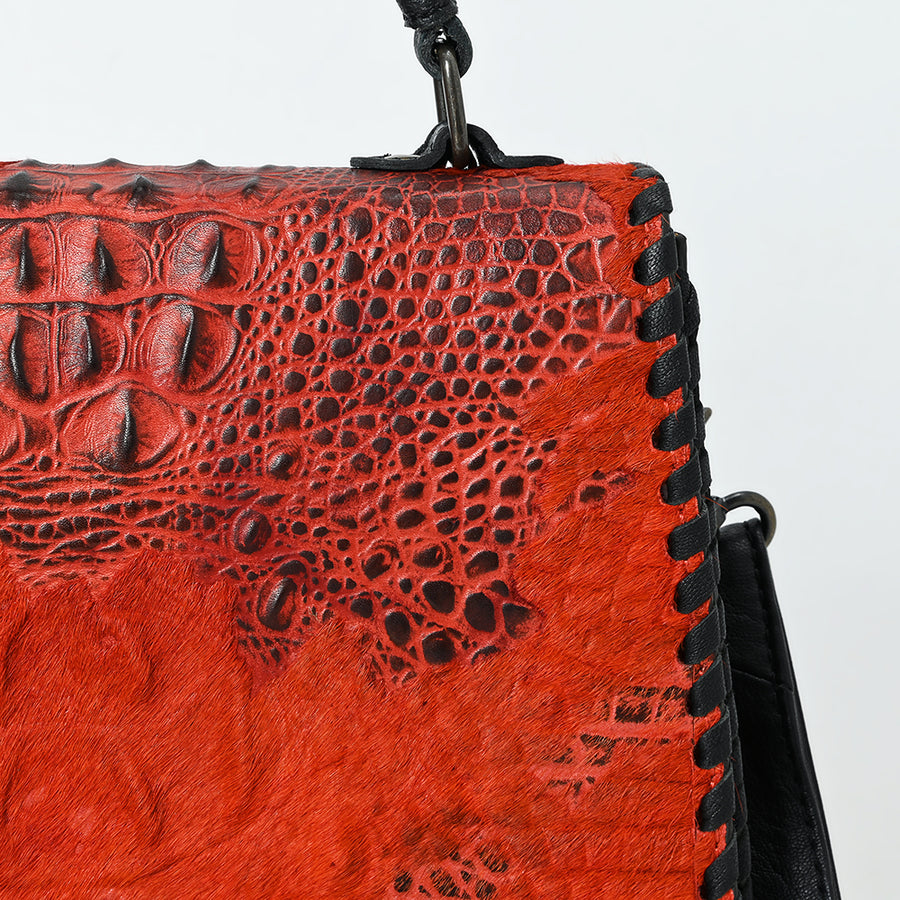 American Darling Western Leather Messenger Bag with Hair-On Cowhide, Crocodile-Embossed Leather Detail, Adjustable Strap, Structured Body & Premium Craftsmanship