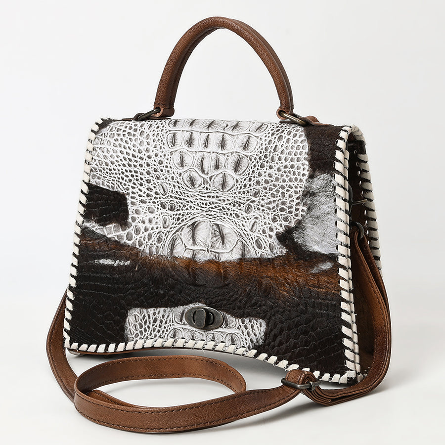 American Darling Western Leather Messenger Bag with Hair-On Cowhide, Crocodile-Embossed Leather Detail, Adjustable Strap, Structured Body & Premium Craftsmanship