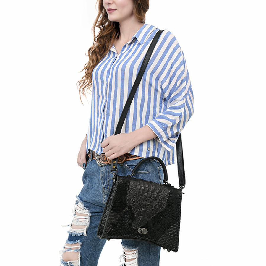 American Darling Western Leather Messenger Bag with Hair-On Cowhide, Crocodile-Embossed Leather Detail, Adjustable Strap, Structured Body & Premium Craftsmanship