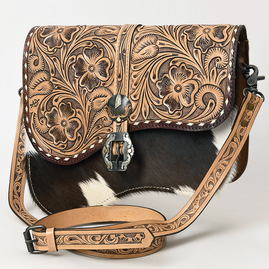 American Darling Western Leather Crossbody Bag with Hand-Tooled Floral Detailing and Genuine Leather Hair-On Accents - Uhorse