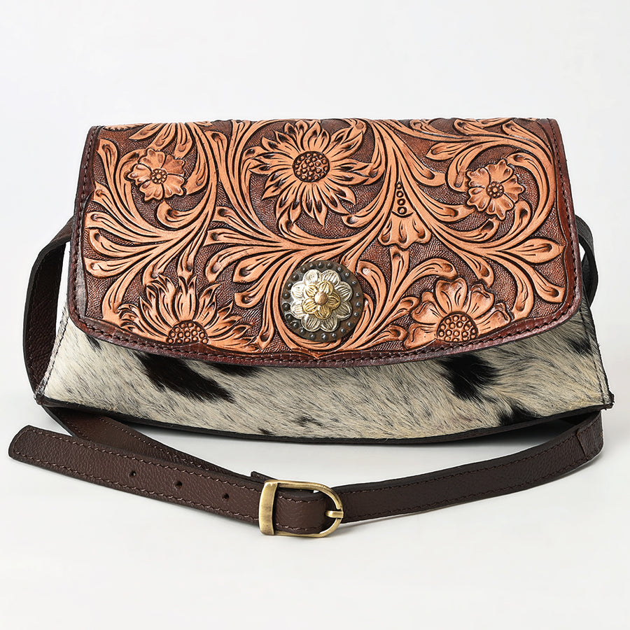 American Darling Hand Tooled Floral Carved Hair-On Cowhide Small Cross body Bag Eco-Friendly Genuine Leather Western Purse